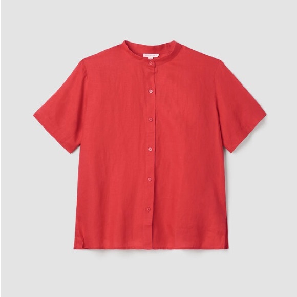 Eileen Fisher Tops - Eileen Fisher Organic Handkerchief Linen Band Collar Shirt Red Women’s L